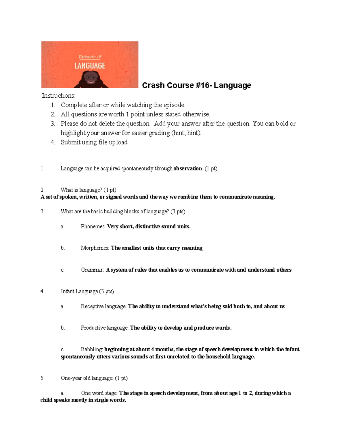 Psychology Crash Course Episode 16 Instructions Crash Course 16