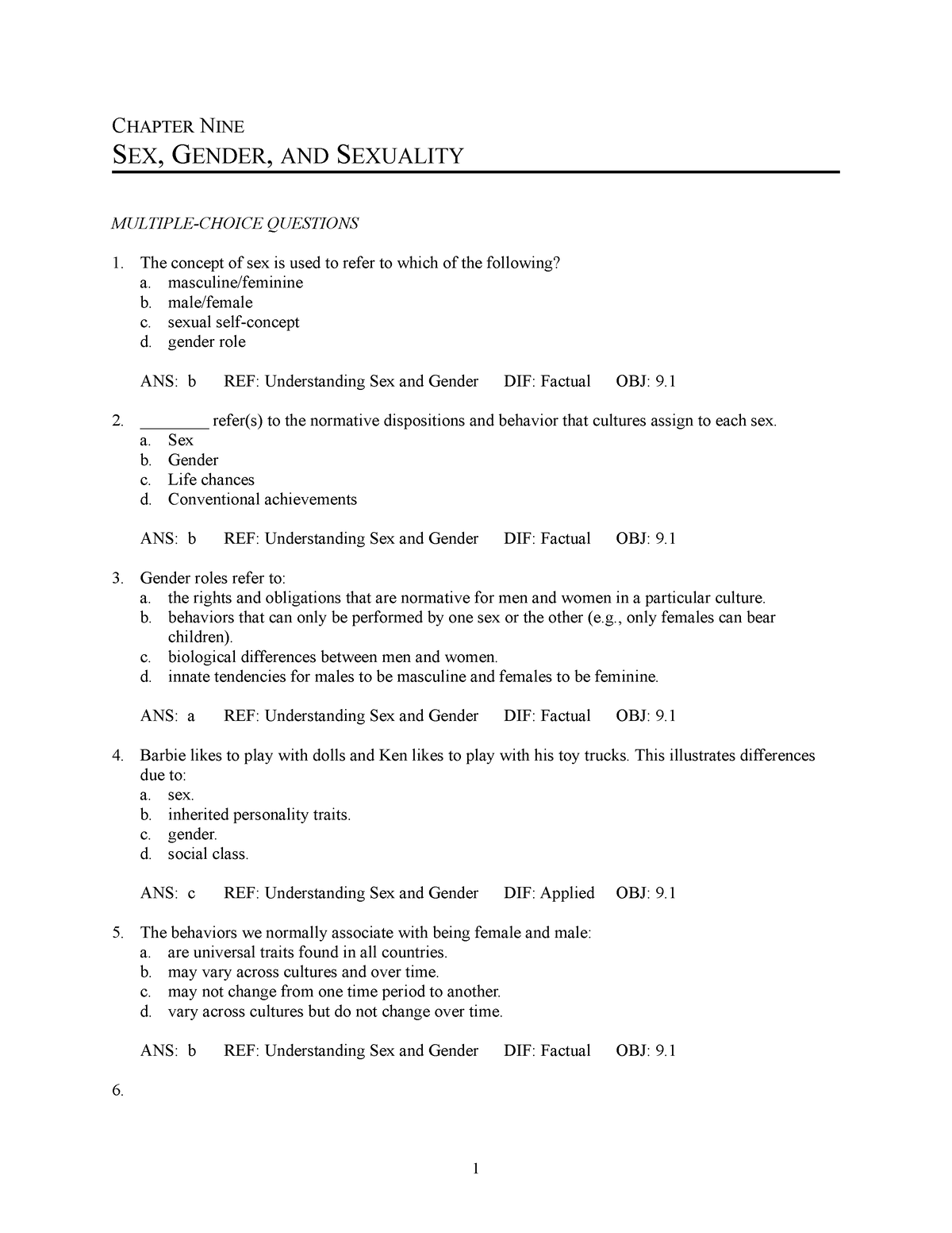 Chapter 9 Lecture Notes Chapter Nine Sex Gender And Sexuality Multiple Choice Questions 1 1058