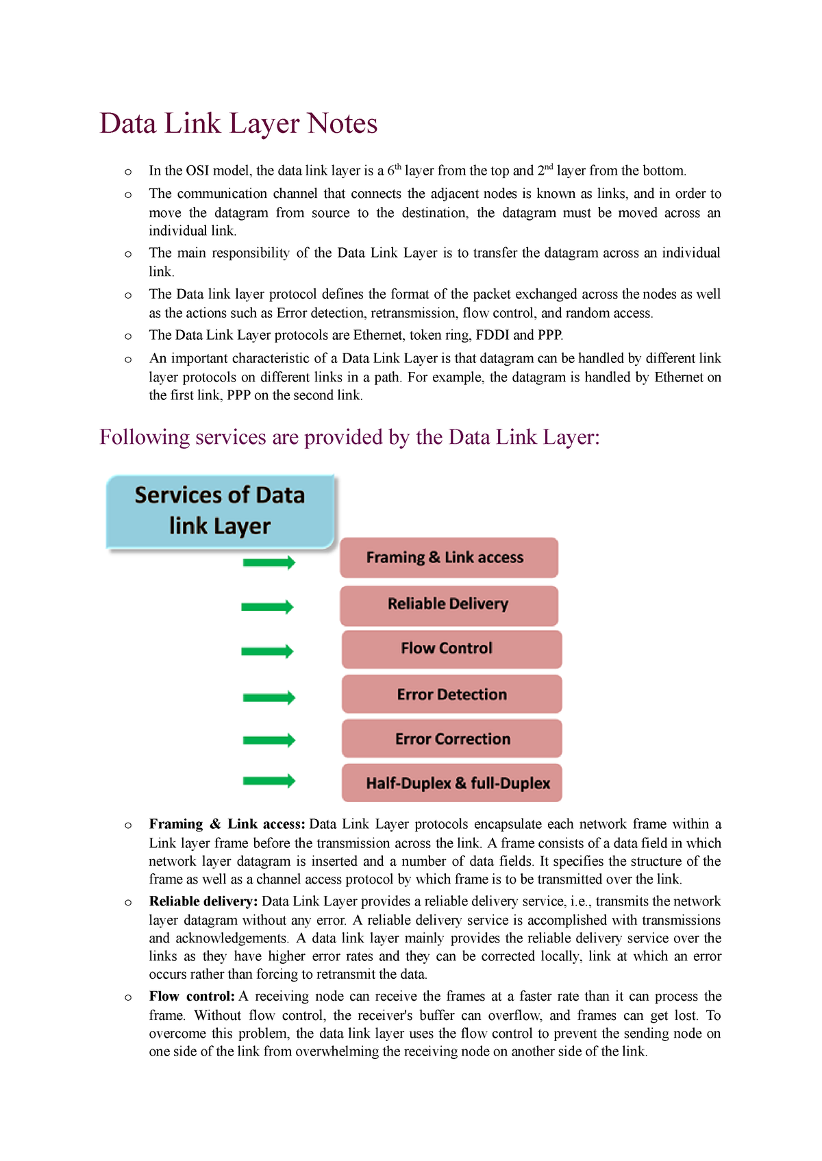 Unit 2 Notes Data Link Layer Notes o In the OSI model, the data link layer is a 6th layer from