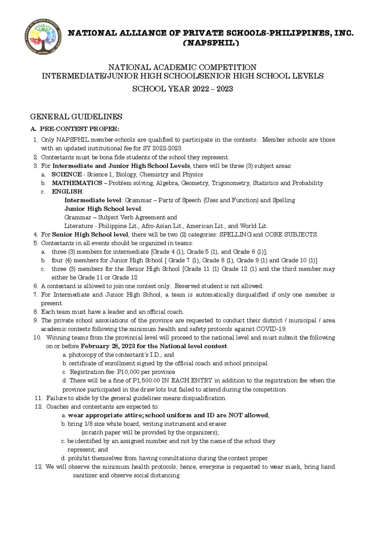 Quiz Bee 2023 Final Version (NAPSPHIL) NATIONAL ACADEMIC COMPETITION