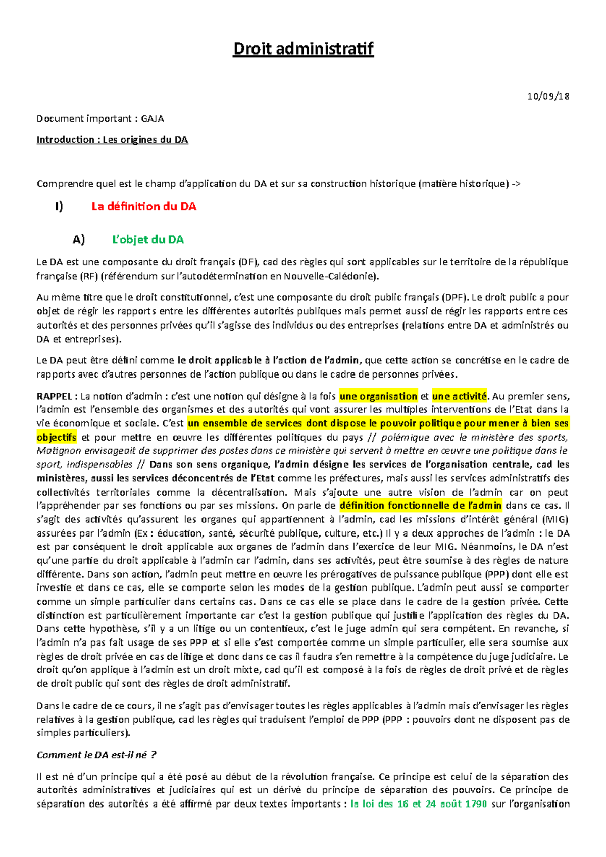 Droit administratif I Droit administraif 10/09/ Document important GAJA Introducion Les