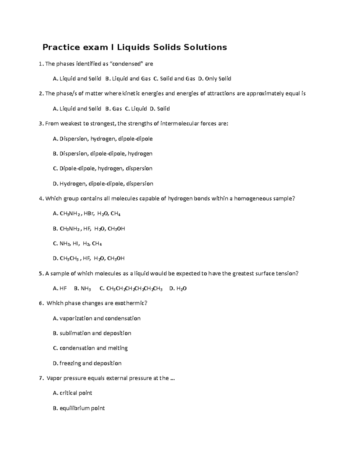 CHEM 122 Practice Exam I Practice exam I Liquids Solids Solutions The
