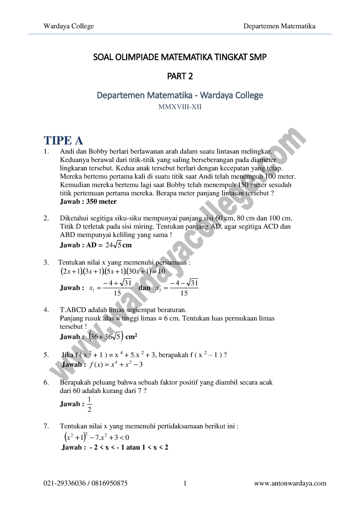 Soal Olimpiade SMP 7 - SOAL OLIMPIADE MATEMATIKA TINGKAT SMP PART 2 ...