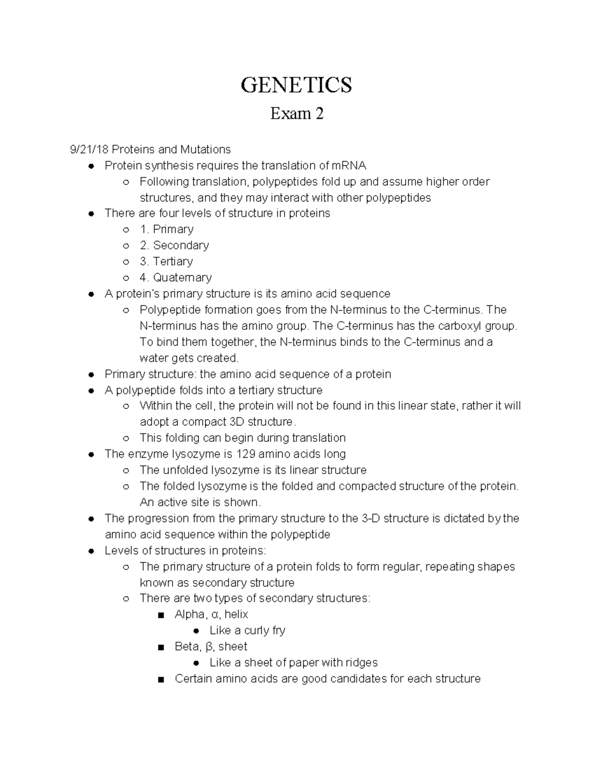 Genetics 2 All Lectures For The Second Exam Genetics Exam 2 92118 Proteins And Mutations 0893