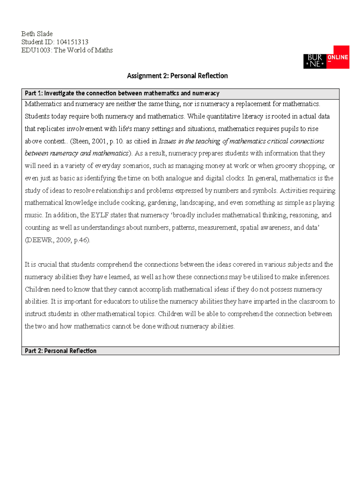 edu10003 the world of maths assignment 2 personal reflection