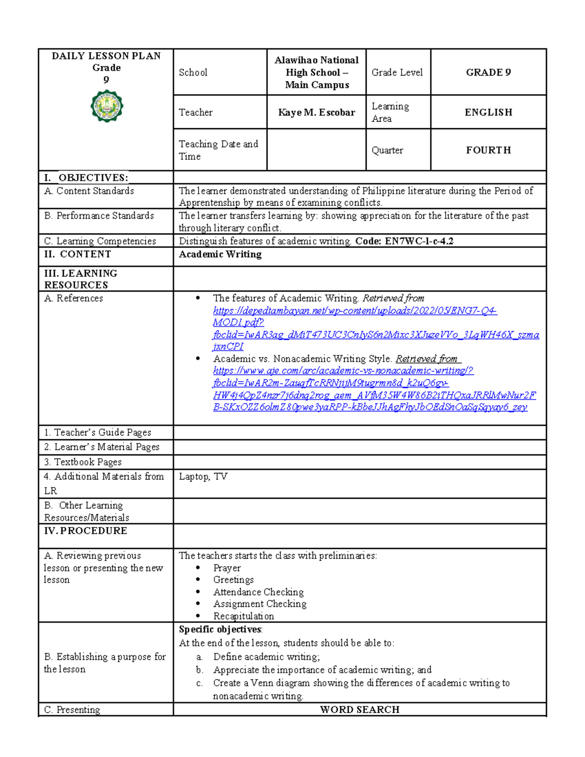 3rd dlp - eng 9 - DLP - DAILY LESSON PLAN Grade 9 School Alawihao ...