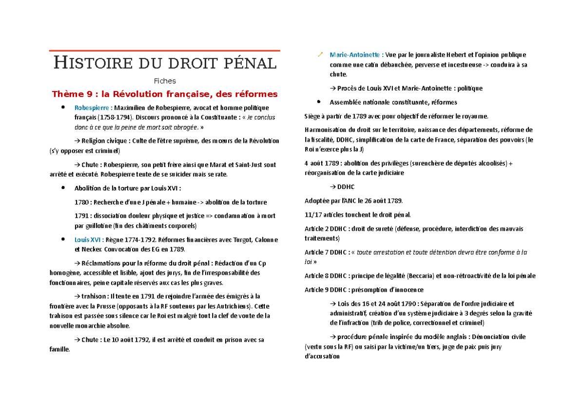 Fiche histoire - L2S4 - HISTOIRE DU DROIT PÉNAL Fiches Thème 9 : la