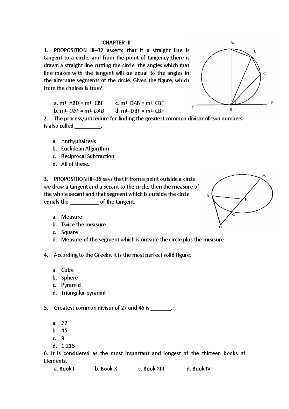 REVIEWER In History of Mathematics - CHAPTER III PROPOSITION III–32 ...