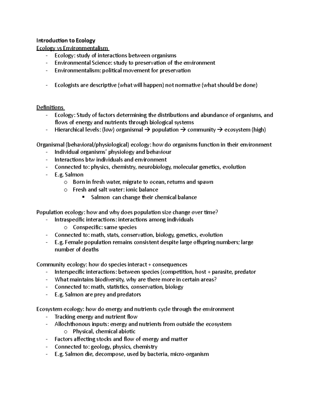 Chapter 49 Lecture Notes - Introduction To Ecology Ecology Vs ...