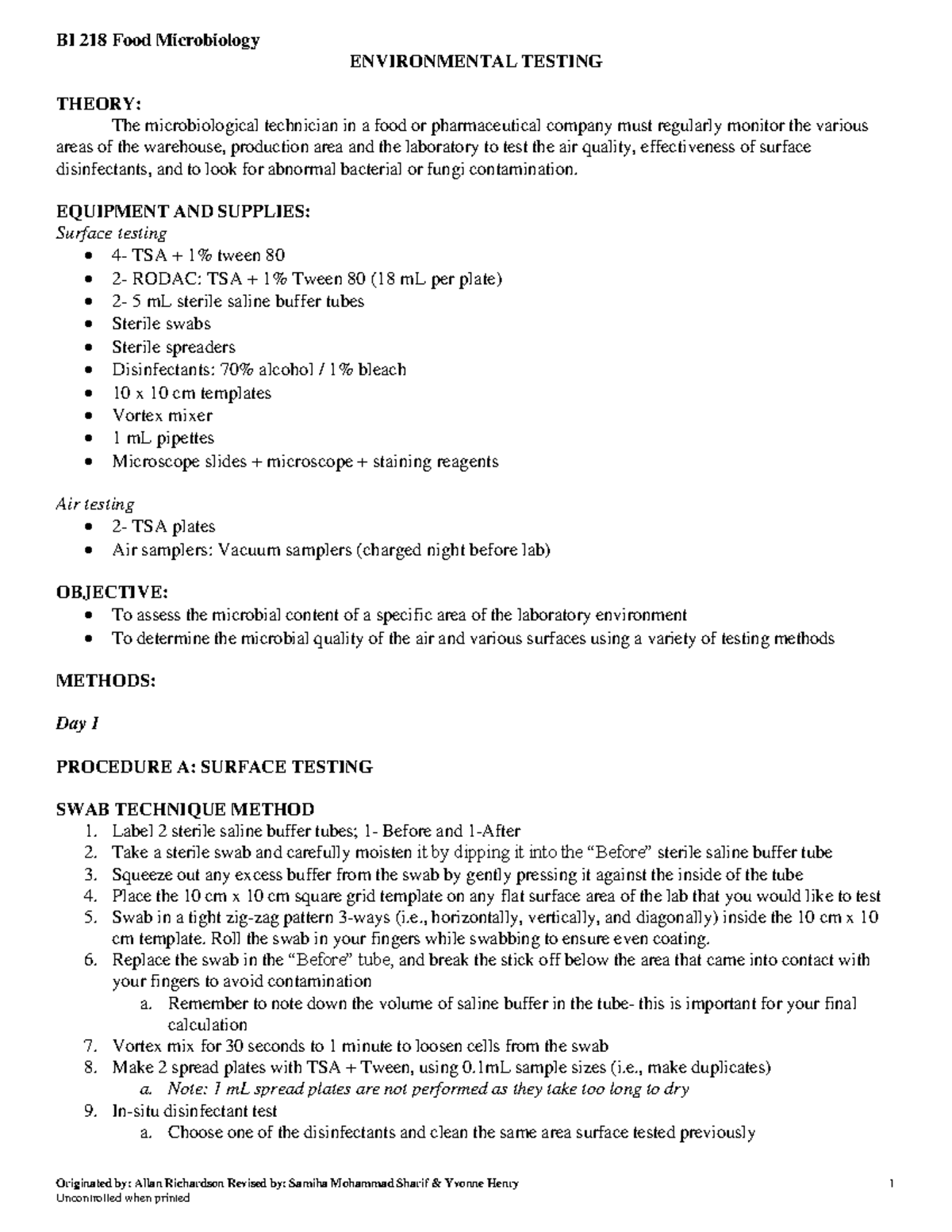 Environmental Testing - BI 218 Food Microbiology ENVIRONMENTAL TESTING ...