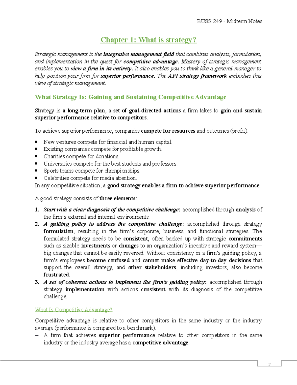 BUSS 249 - Midterm Notes - Chapter 1: What is strategy? Strategic ...