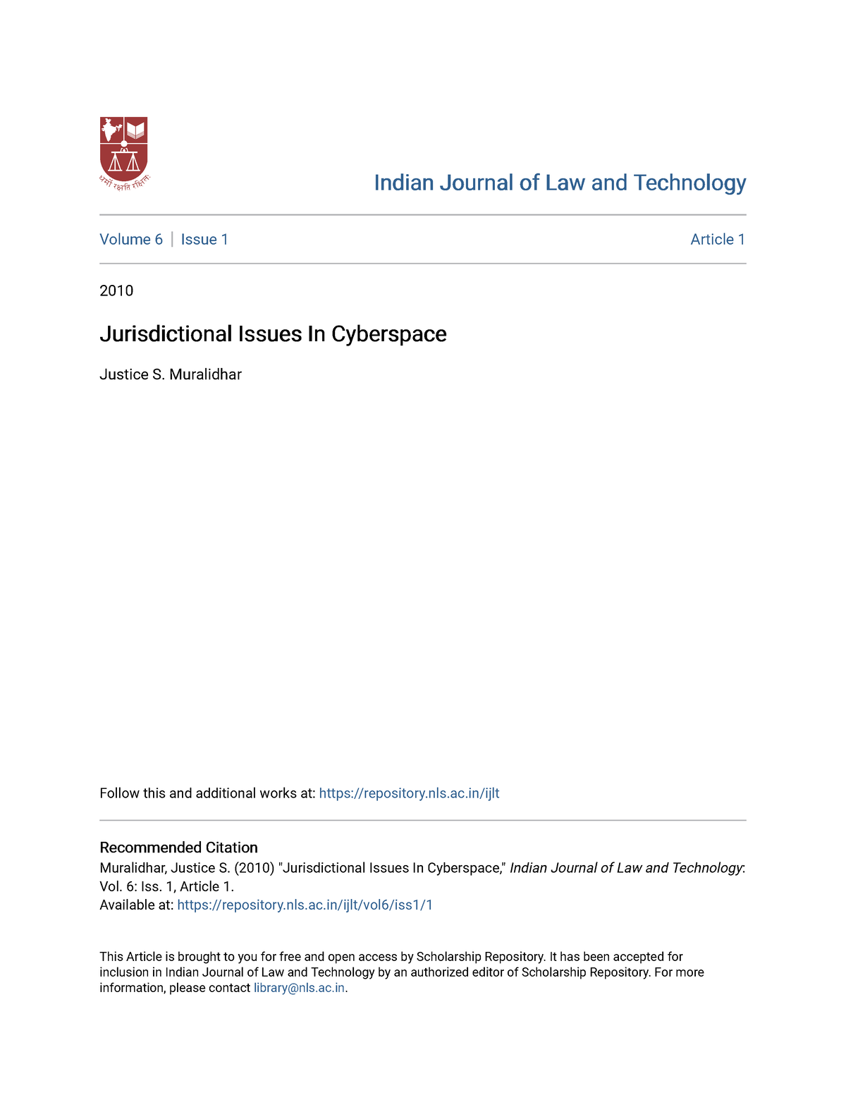 Jurisdictional Issues In Cyberspace - Indian Journal Of Law And ...