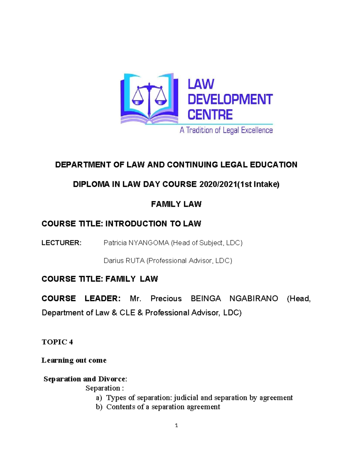 Family LAW topic four - class notes - DEPARTMENT OF LAW AND CONTINUING ...