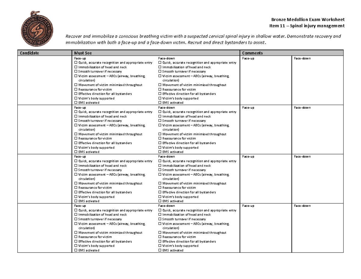 Bronzemedallionexamworksheetsfinal170413 Item 11 Spinal injury management Recover and Studocu