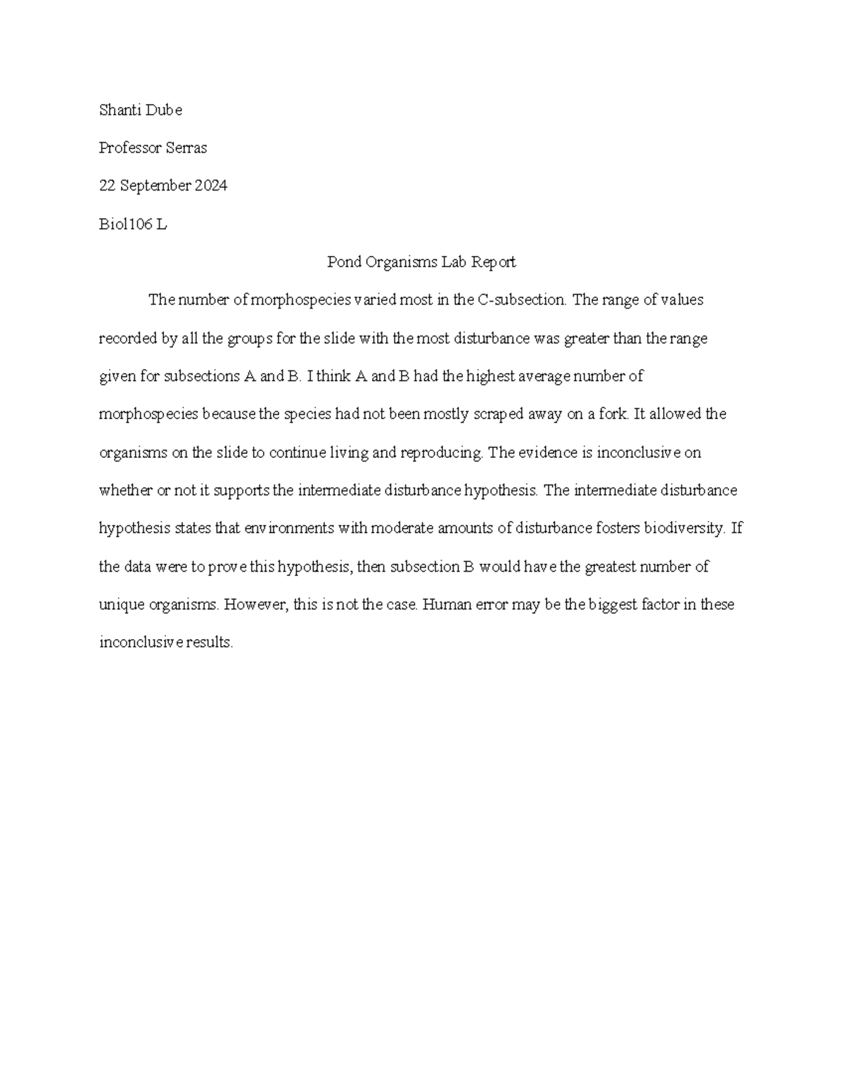 Pond Organisms Lab Report - Shanti Dube Professor Serras 22 September ...