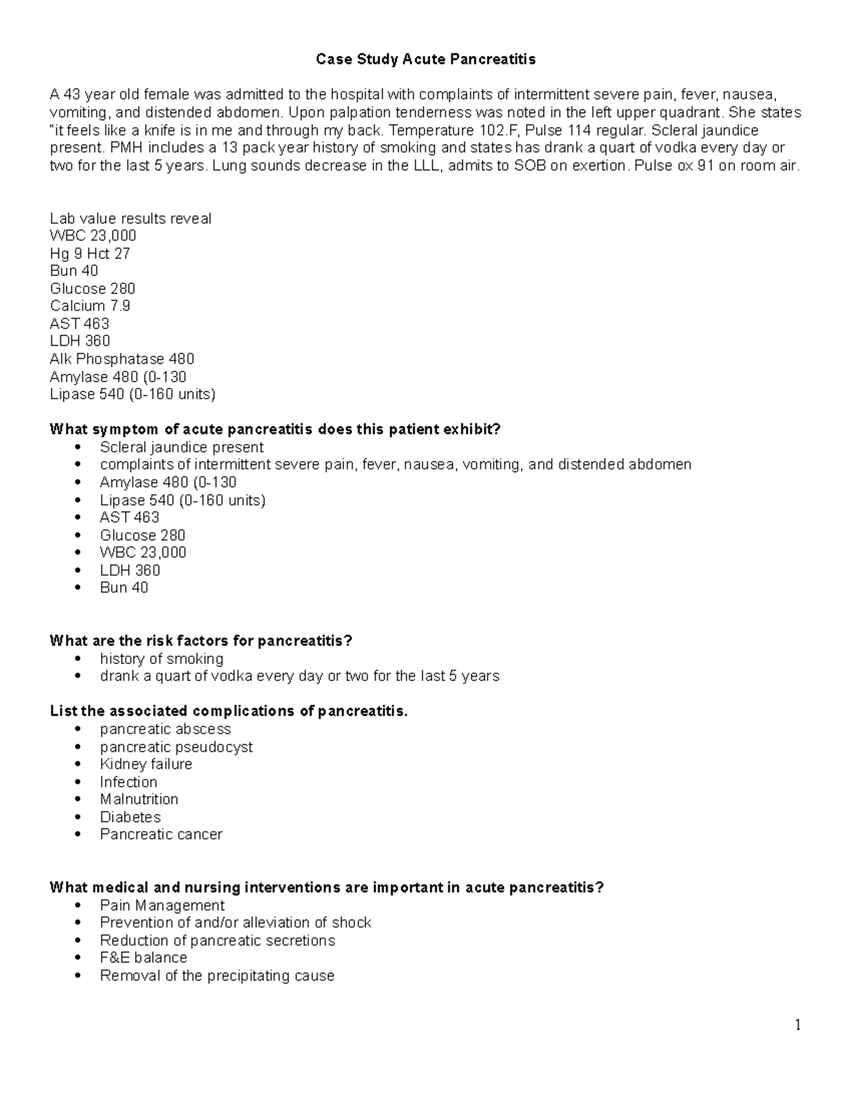 Case Study Pancreatitis - Case Study Acute Pancreatitis A 43 year old ...