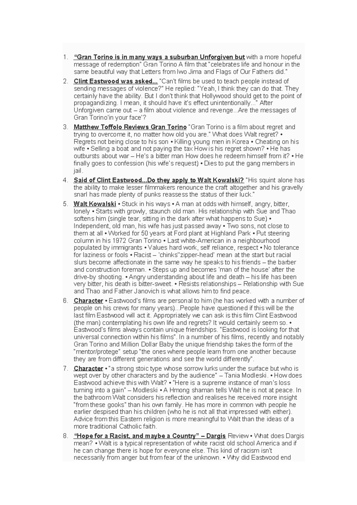 Gran Torino Plot Summary Points on Gran Torino - Summary Curriculum and Instruction- English
