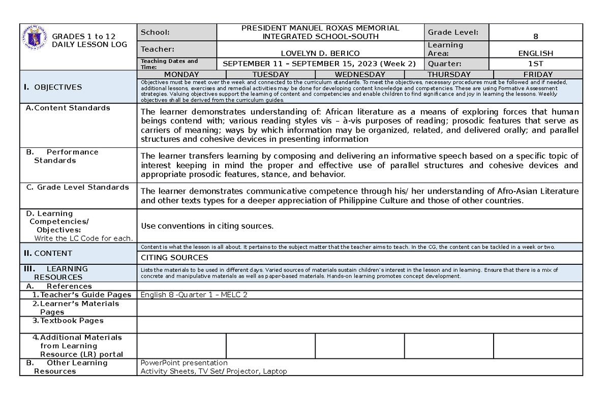 DLL WEEK 2- Module 2 - GRADES 1 to 12 DAILY LESSON LOG School ...