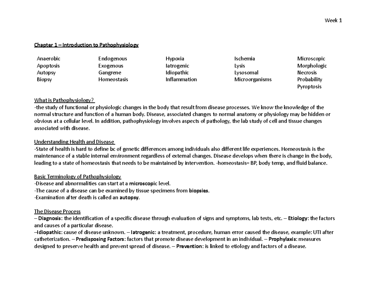 Patho Week 1 Notes - Chapter 1 – Introduction To Pathophysiology ...