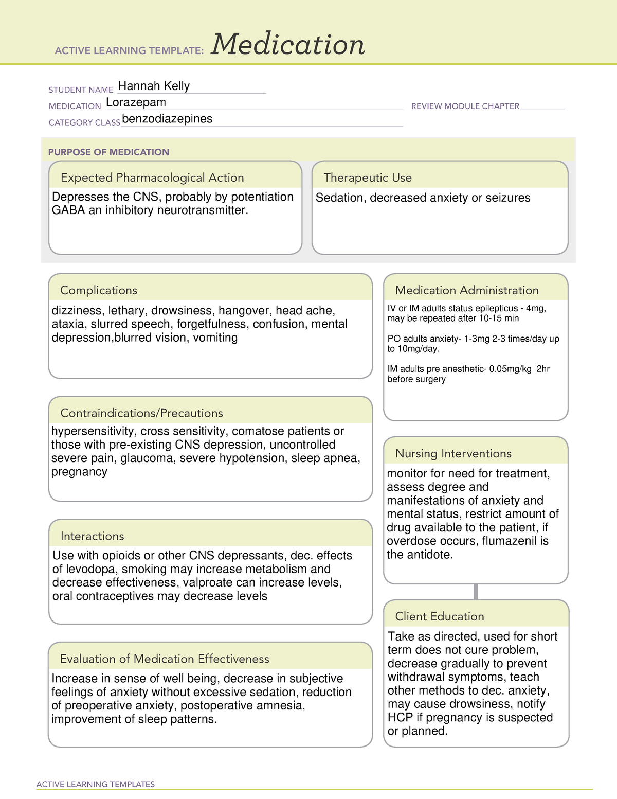 ATI Template Medication Lorazepam ACTIVE LEARNING TEMPLATES