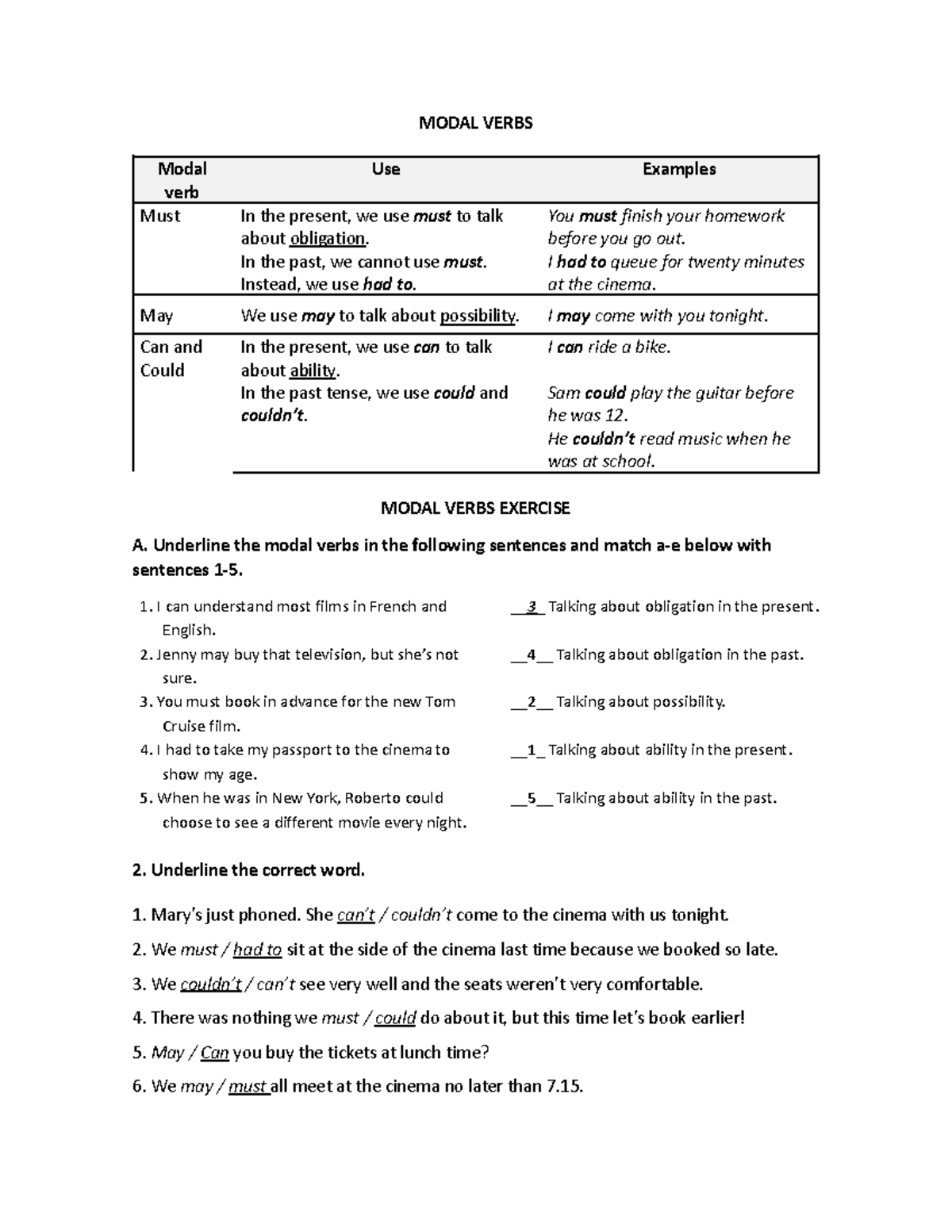 Modals and question tag - MODAL VERBS Modal verb Use Examples Must In ...