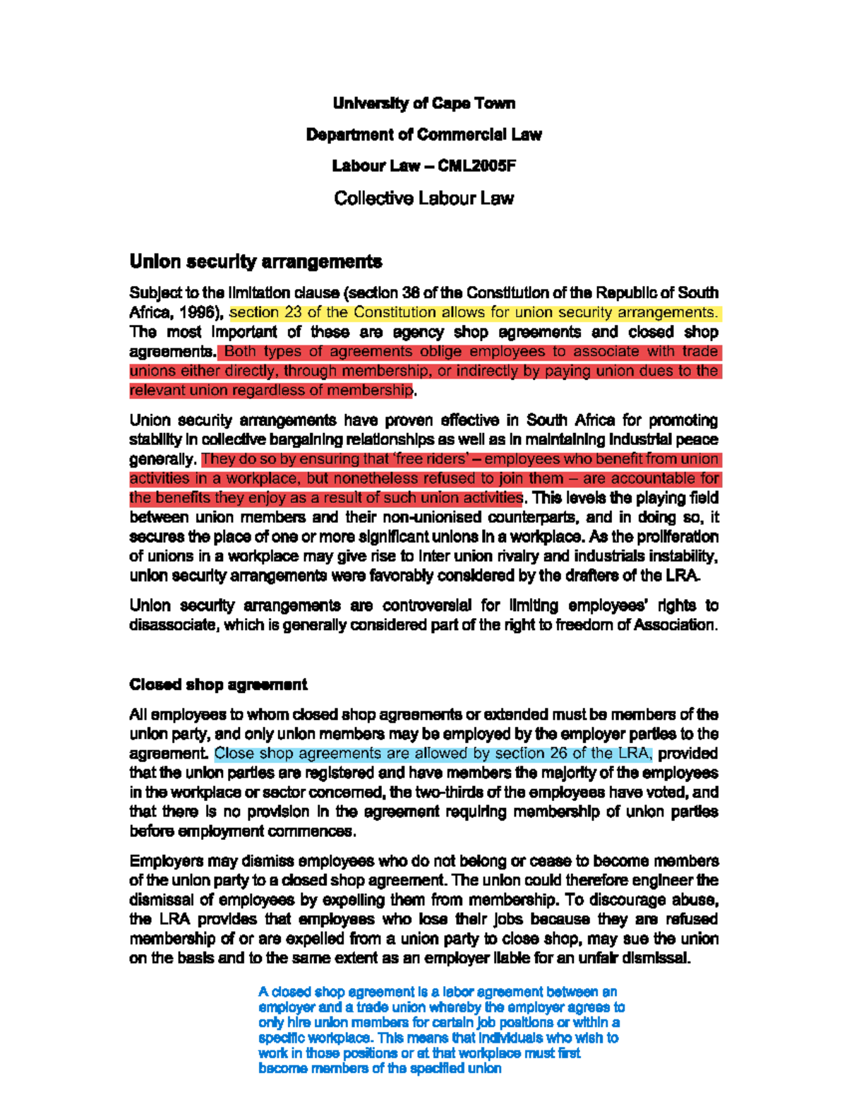 Collective Labour Law Union Security Arrangements Cml2005f Studocu