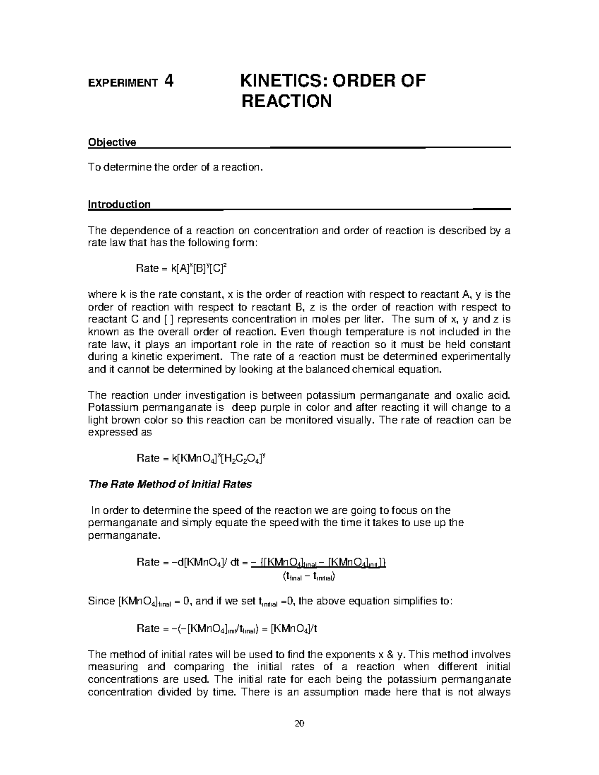 Lab Manual Experiment 3 Order OF Reaction organic chemistry