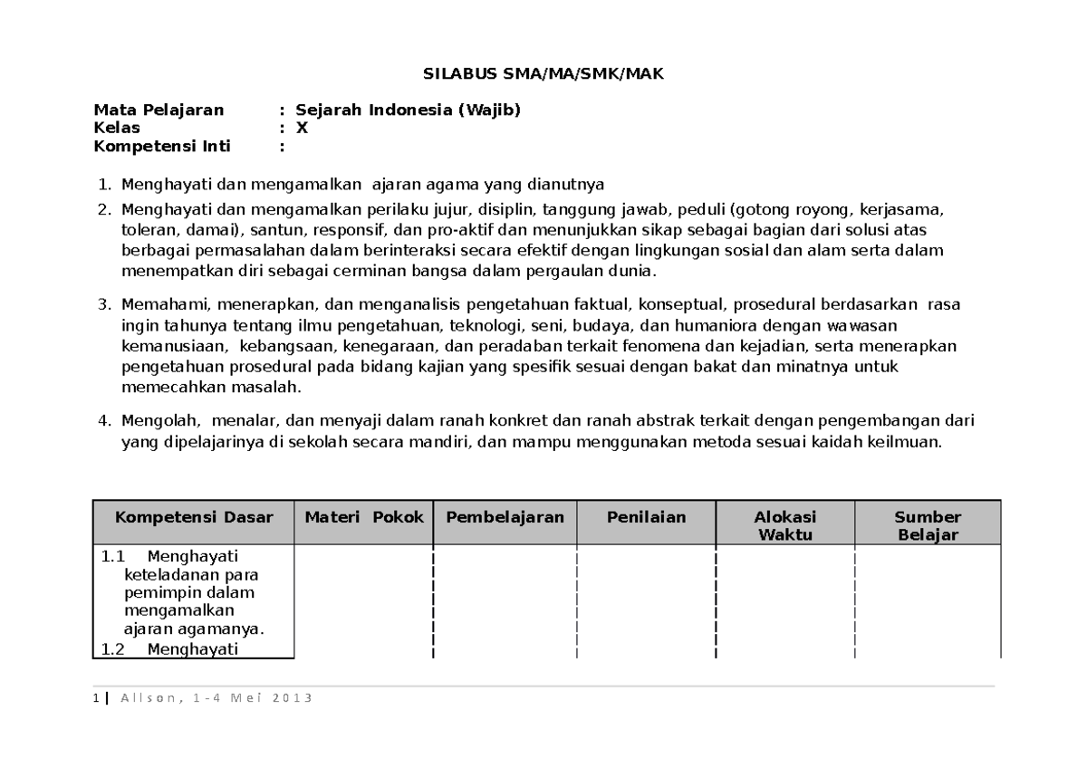 Silabus Sejarah Indonesia ( Wajib) SMA X - SILABUS SMA/MA/SMK/MAK Mata ...