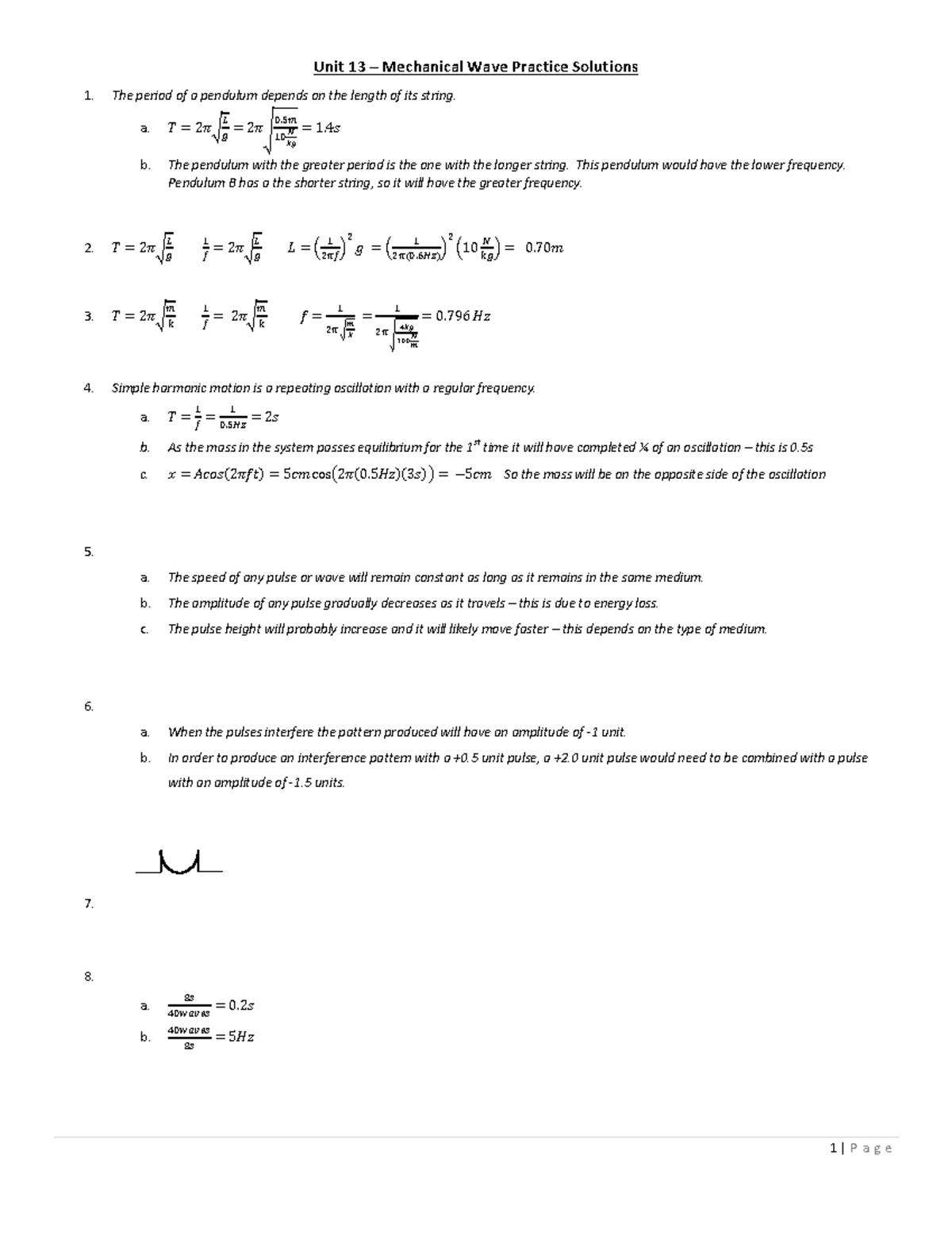 Unit 13 Mechanical Waves UNIT Practice Solutions Unit 13