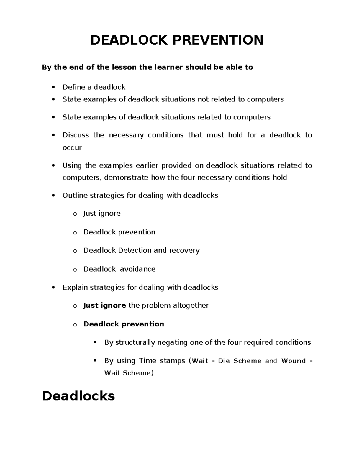 WEEK 7 Deadlock Managment A - DEADLOCK PREVENTION By the end of the ...