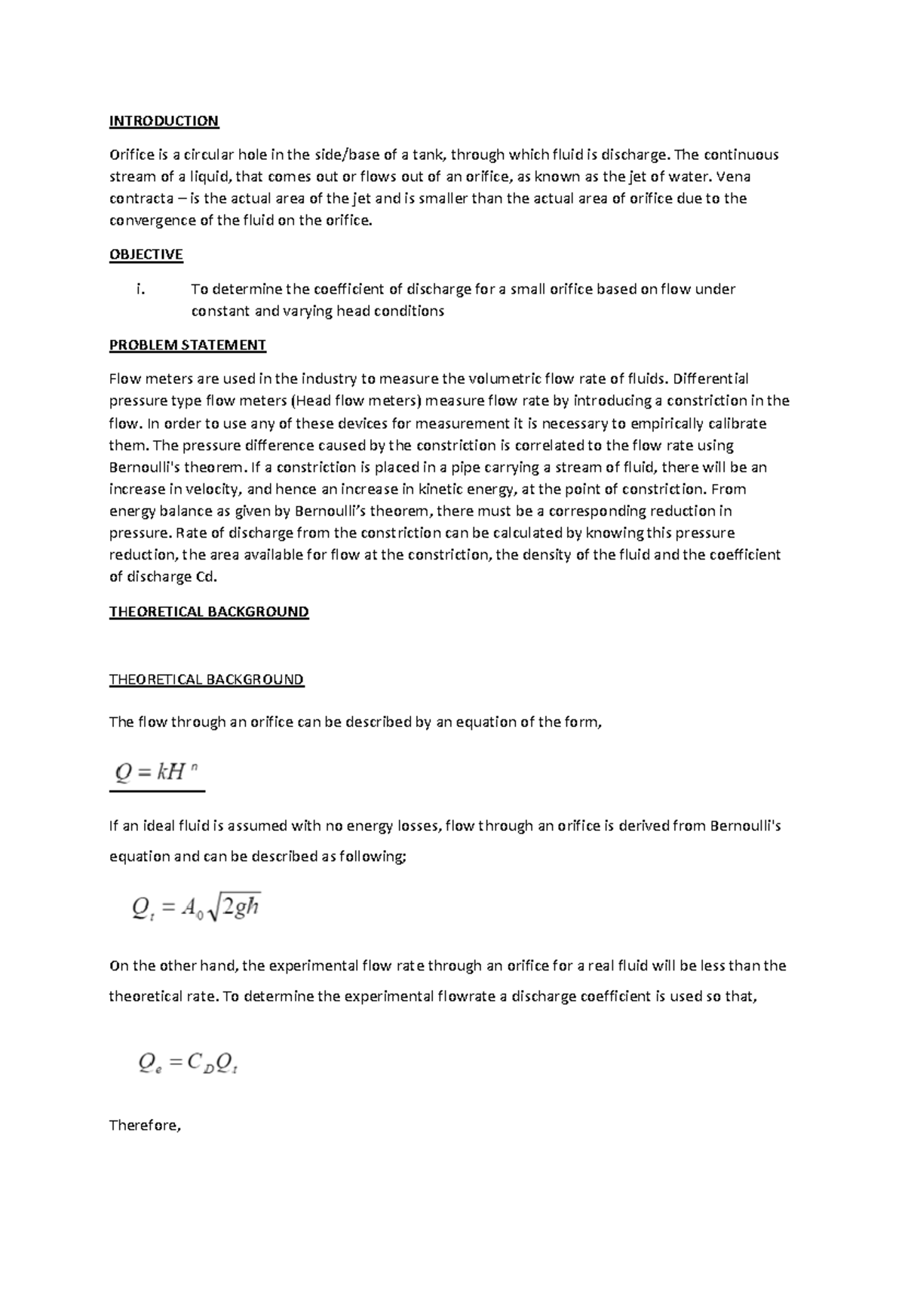LAB 1.7 Determine of orifice coefficient - INTRODUCTION Orifice is a ...