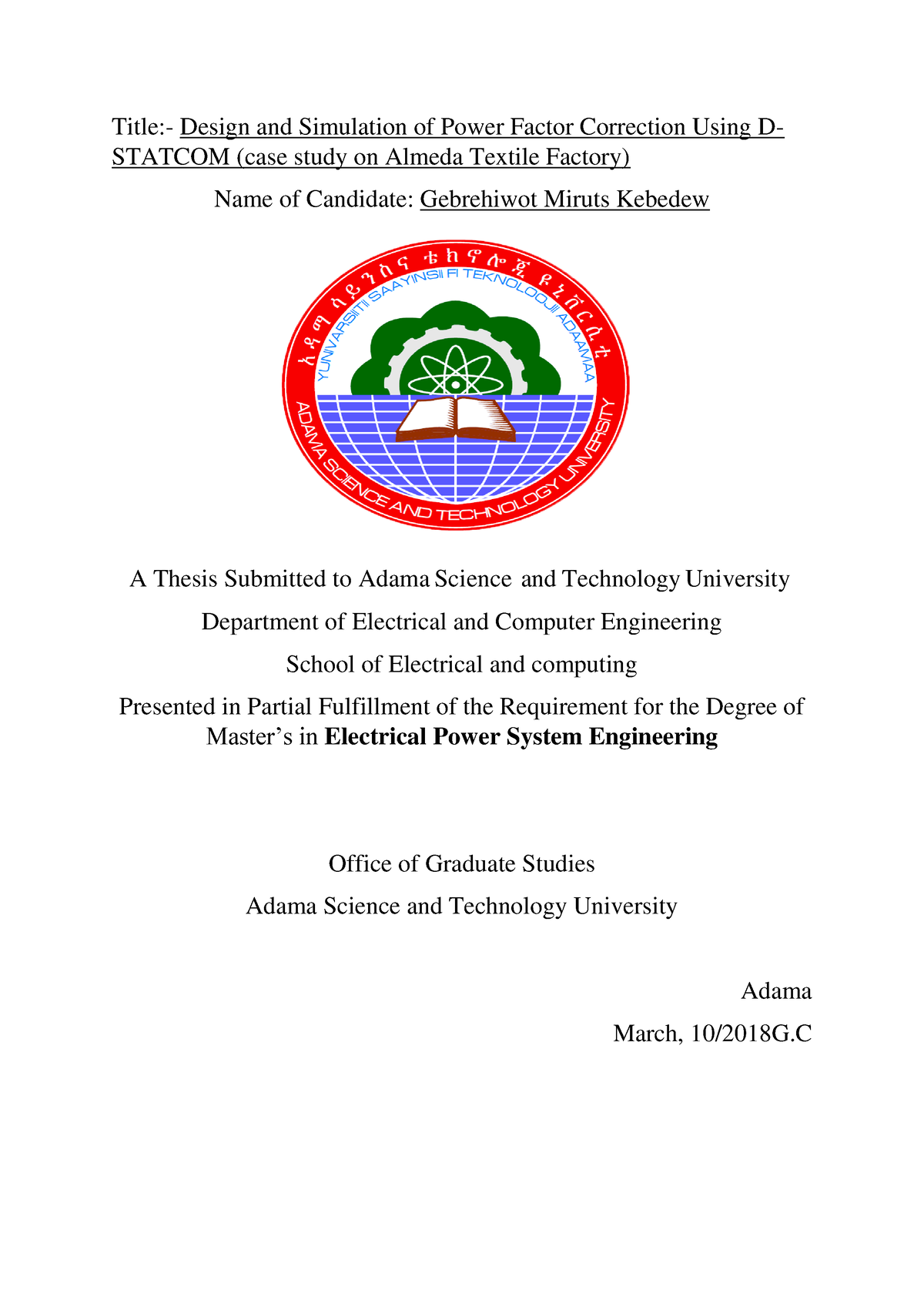 Thesis on power factor correction using D- Statcom - Title:- Design and ...