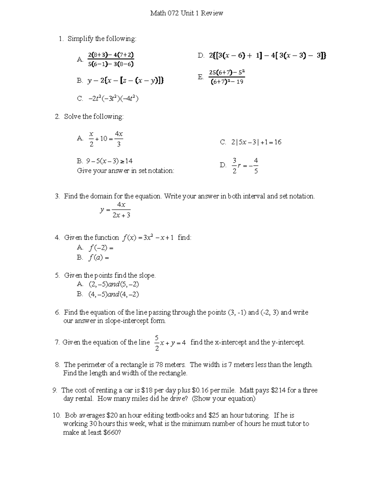 Exam 1 Review Math - Math 072 Unit 1 Review Simplify the following: A