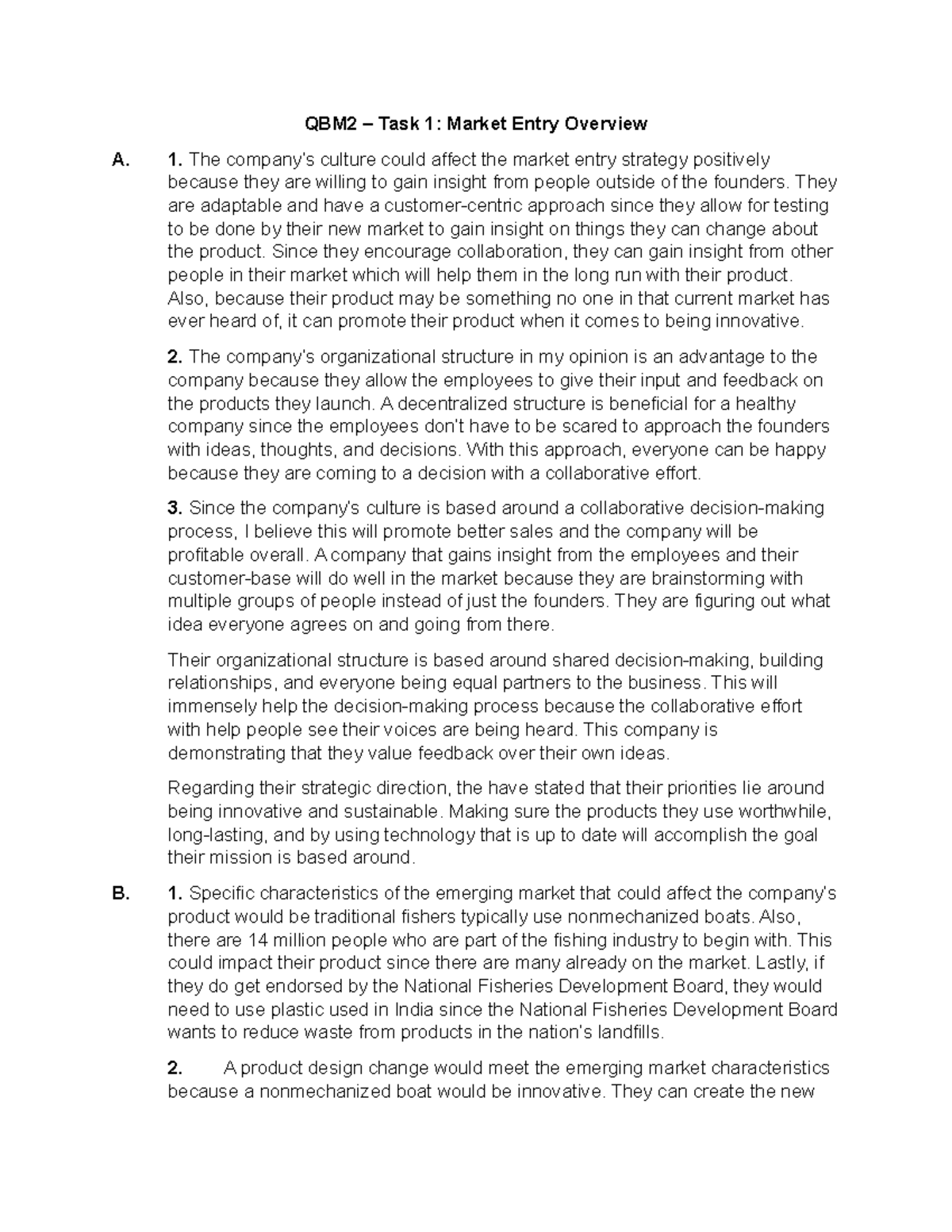 QBM2 - Task 1 - Market Entry Overview - S - QBM2 – Task 1: Market Entry ...