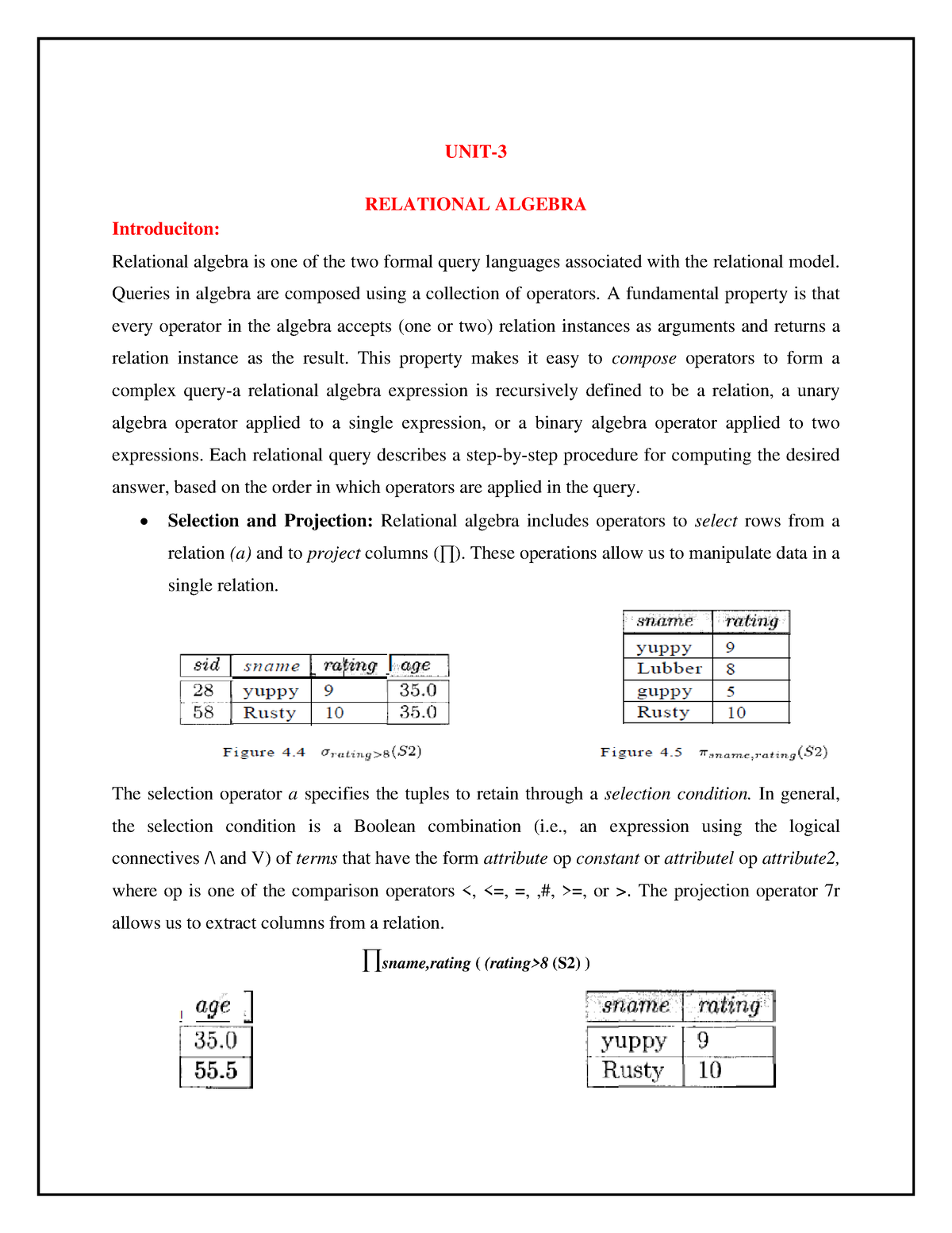 UNIT-3 DBMS - RELATIONAL ALGEBRA - UNIT- RELATIONAL ALGEBRA ...