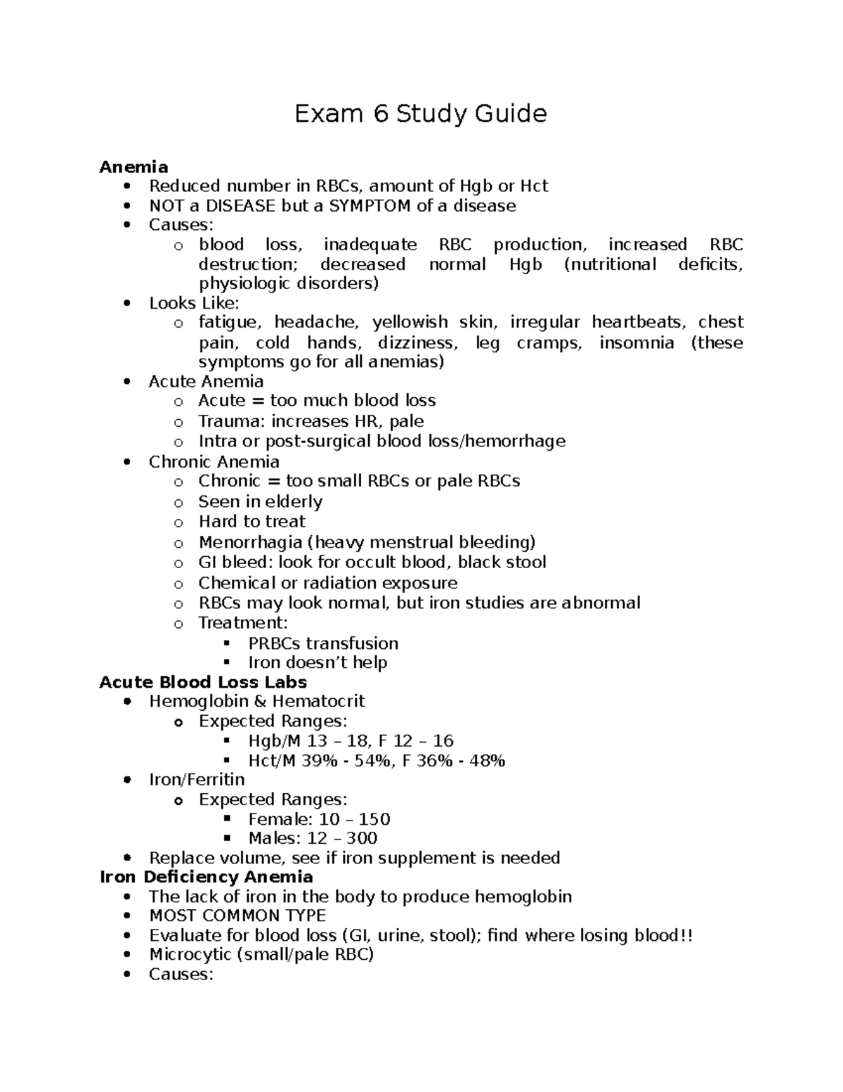 Exam 6 Study Guide - n/a - Exam 6 Study Guide Anemia Reduced number in ...