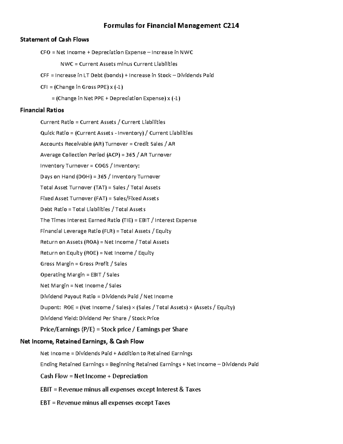 C214 Sidebar Formulas - Revised - Formulas For Financial Management C ...