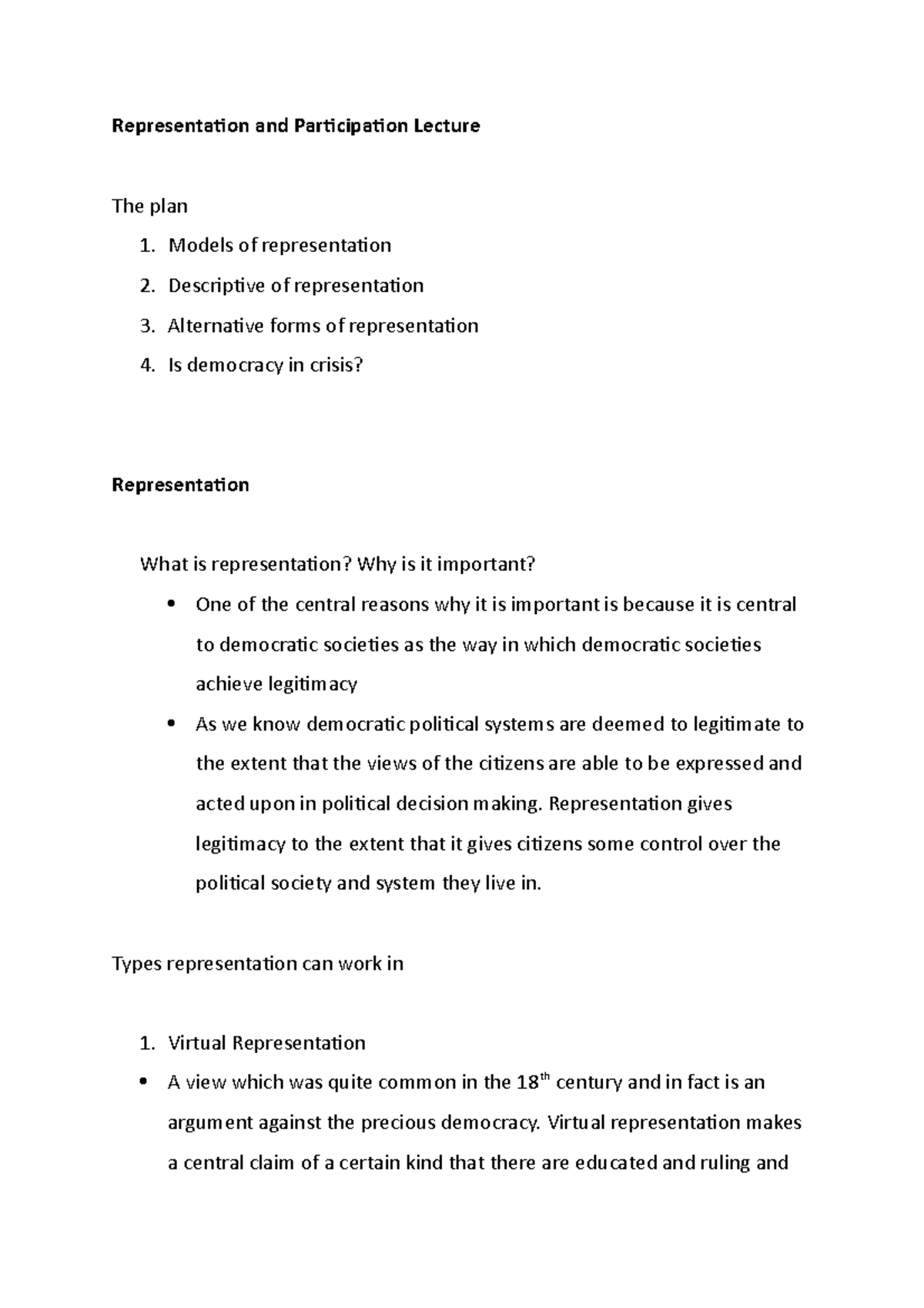 Representation and Participation Lecture - Models of representation 2 ...