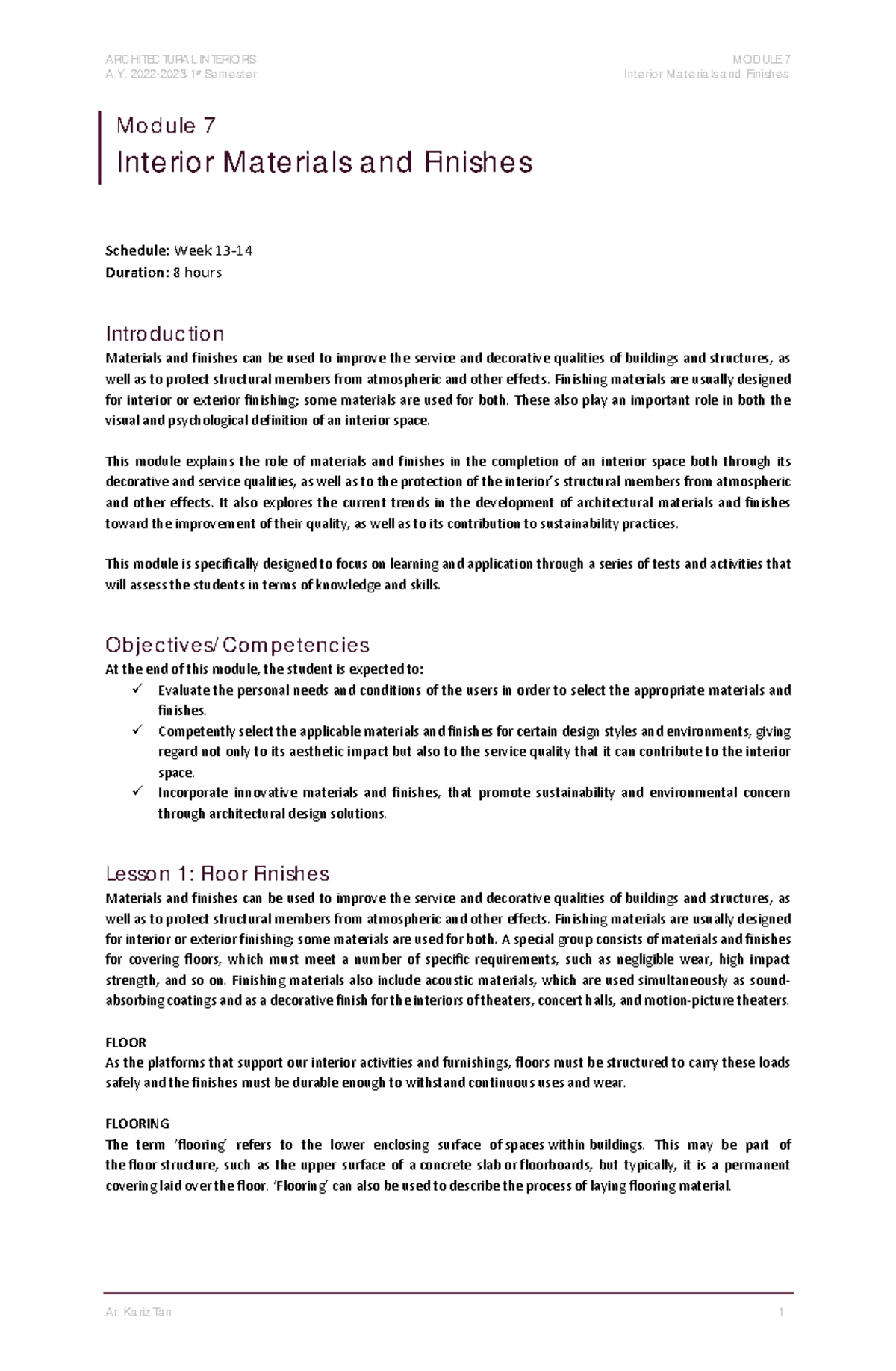 Module 7 - Interior Materials and Finishes - A. 2022-2023 1st Se me ste ...