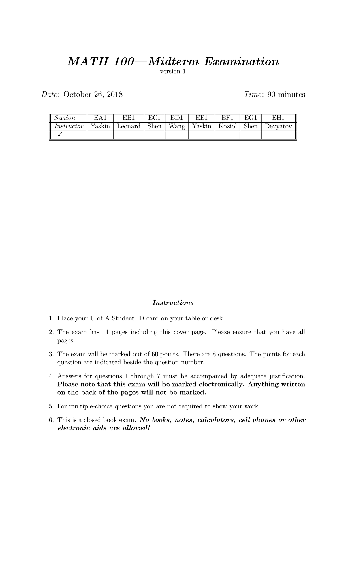 M100f2018 Midterm Solutions - MATH 100—Midterm Examination Version 1 ...