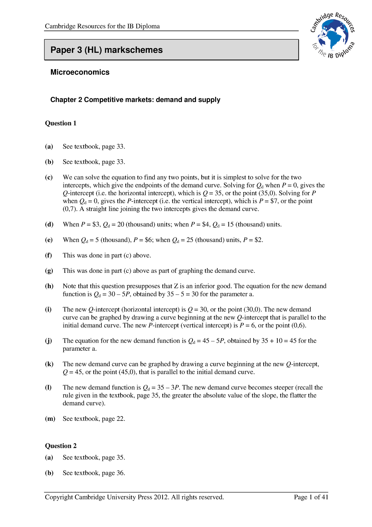 Paper 3 Tragakes Answers Paper 3 HL Markschemes Microeconomics Chapter 2 Competitive Markets 