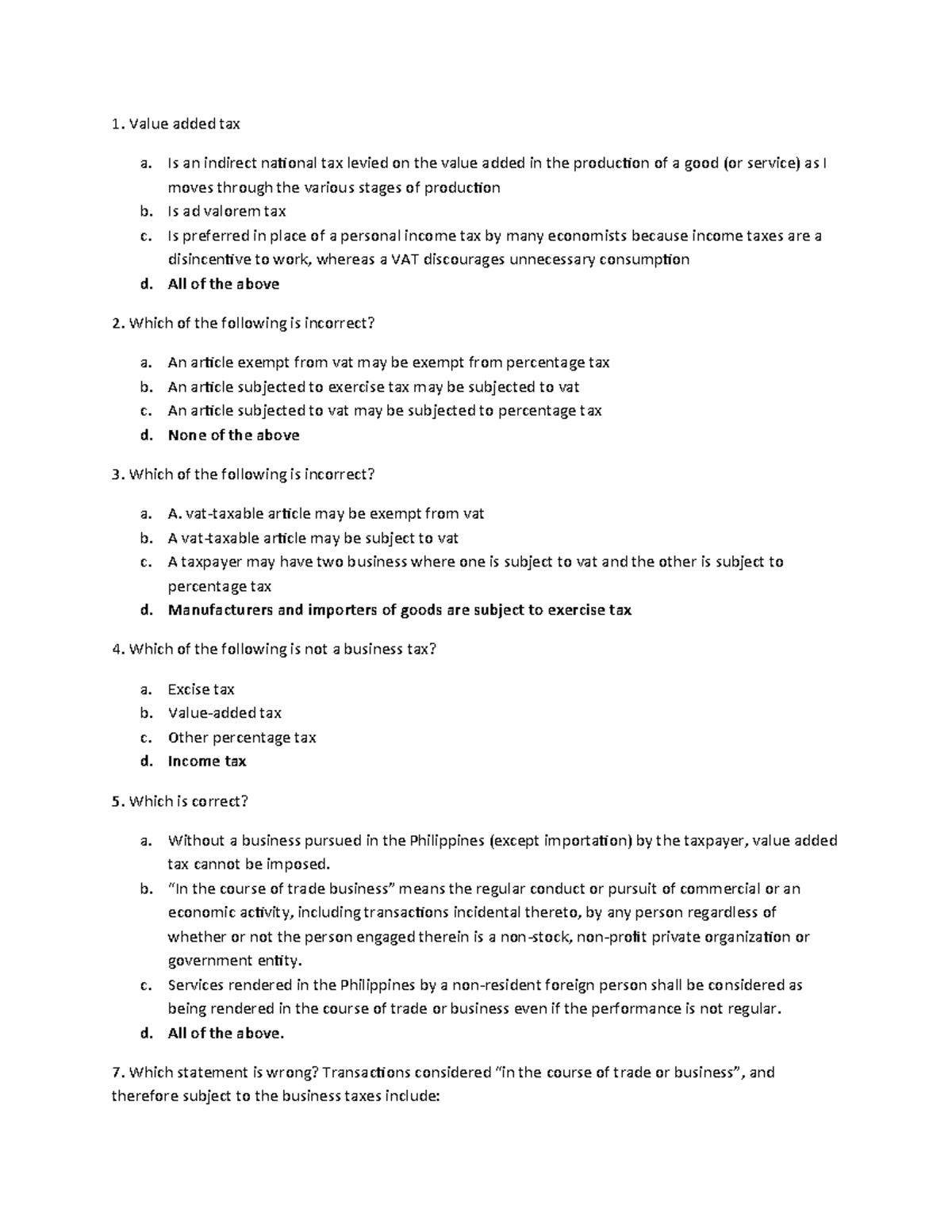 Question-bank-vat compress sfdri - Value added tax a. Is an indirect ...