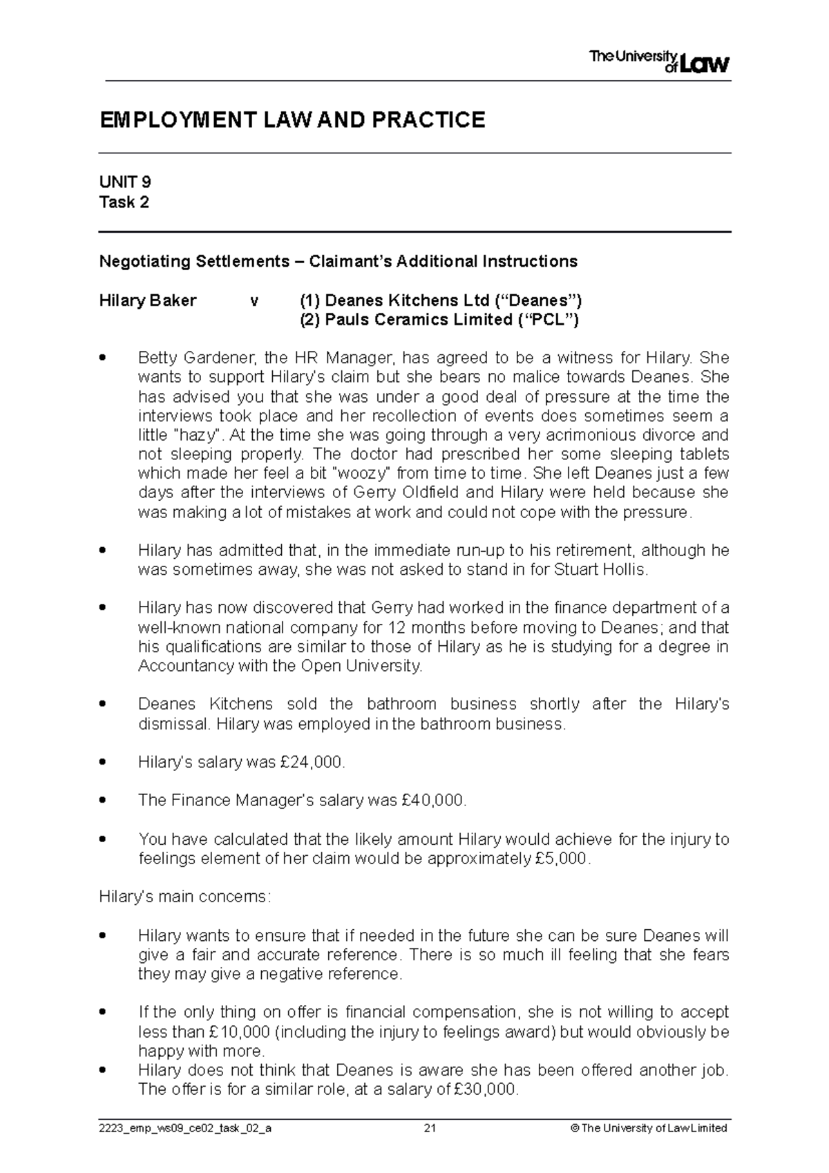 2223 emp ws09 ce02 task 02 a - EMPLOYMENT LAW AND PRACTICE UNIT 9 Task ...