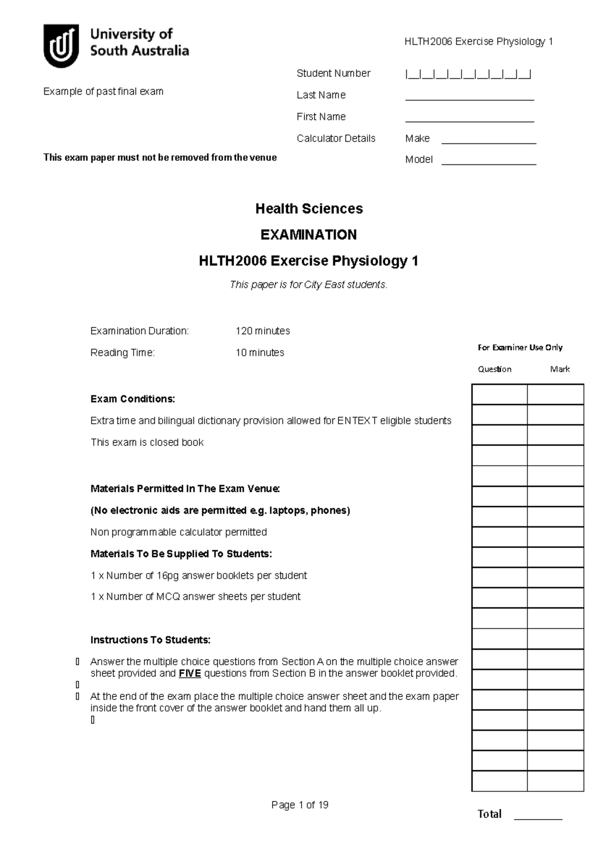 Exam Exam Questions And Answers Hlth2006 Exercise Physiology 1