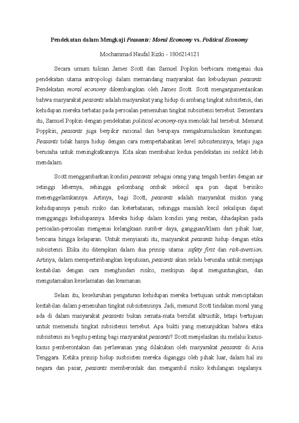 A Mochammad Naufal Rizki Popkin Dan Scott Pendekatan Dalam Mengkaji Peasants Moral Economy Vs Studocu