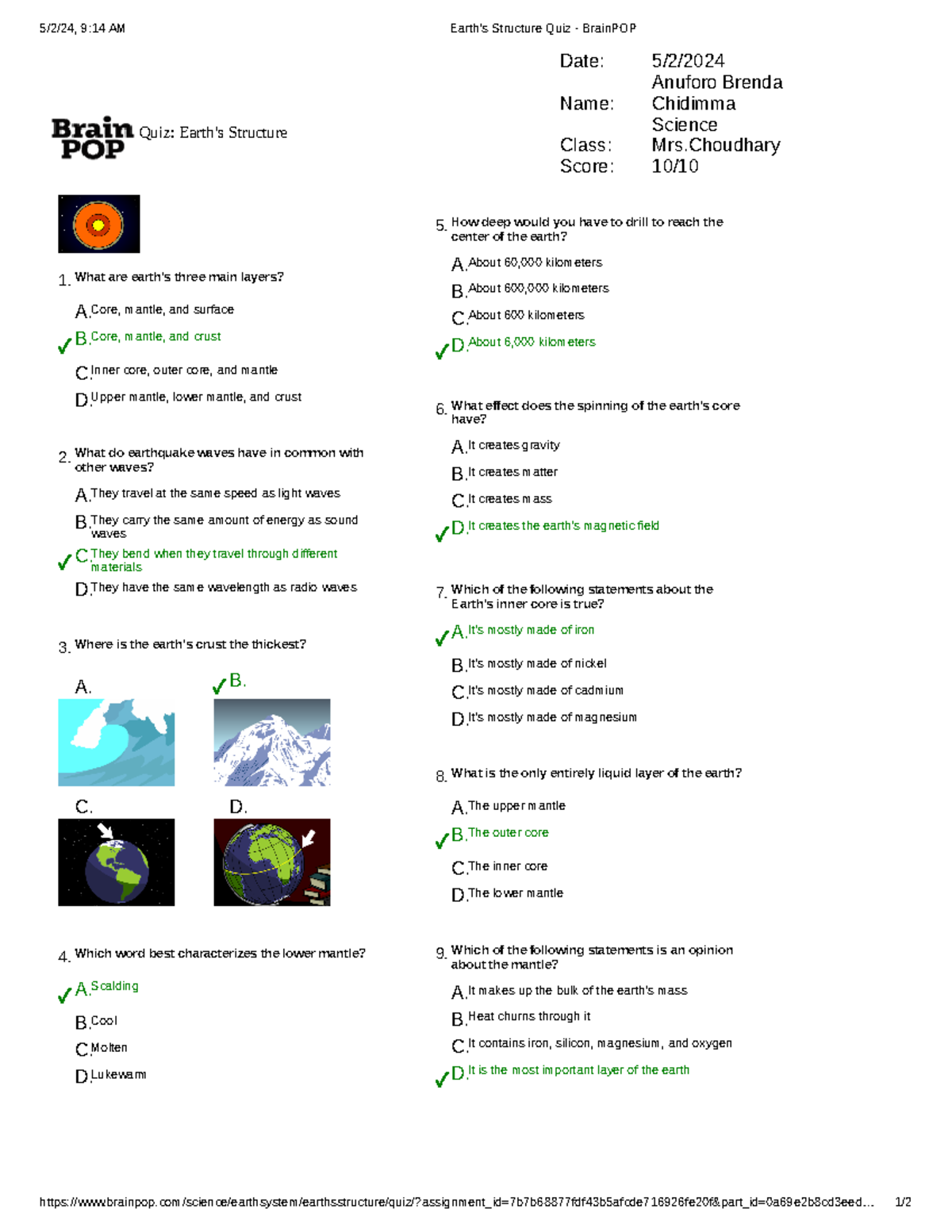 Earth's Structure Quiz Brain POP 5/2/24, 914 AM Earth's Structure Quiz BrainPOP Studocu