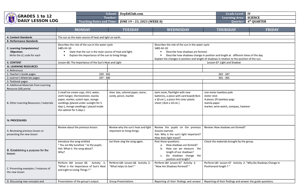 DLL Science 4 Q4 W8 - sample of lesson plan - GRADES 1 to 12 DAILY ...