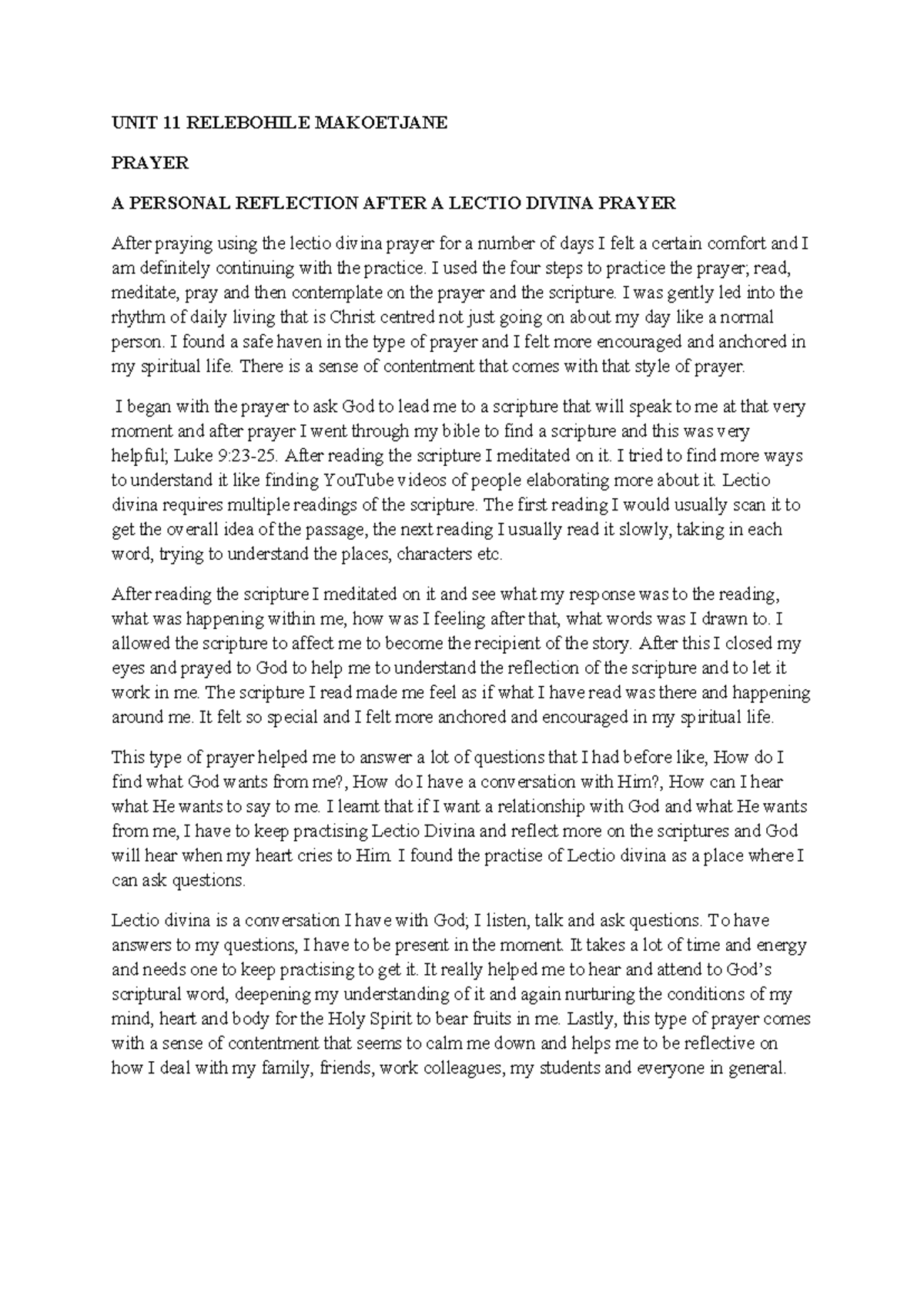 Reflection after prayer - UNIT 11 RELEBOHILE MAKOETJANE PRAYER A ...