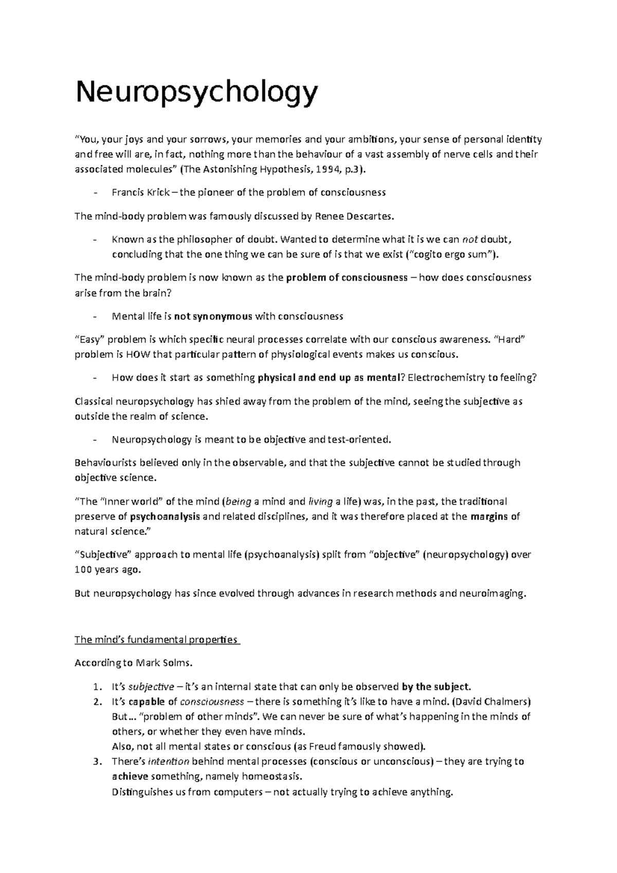 Neuropsychology Psychology Honours notes (with Mark Solms