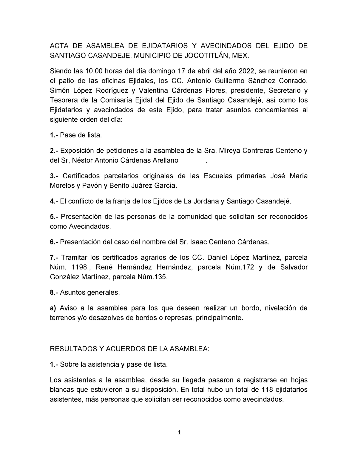 Acta De Asanblea Ejidal 17 De Abril Acta De Asamblea De Ejidatarios Y Avecindados Del Ejido 0572